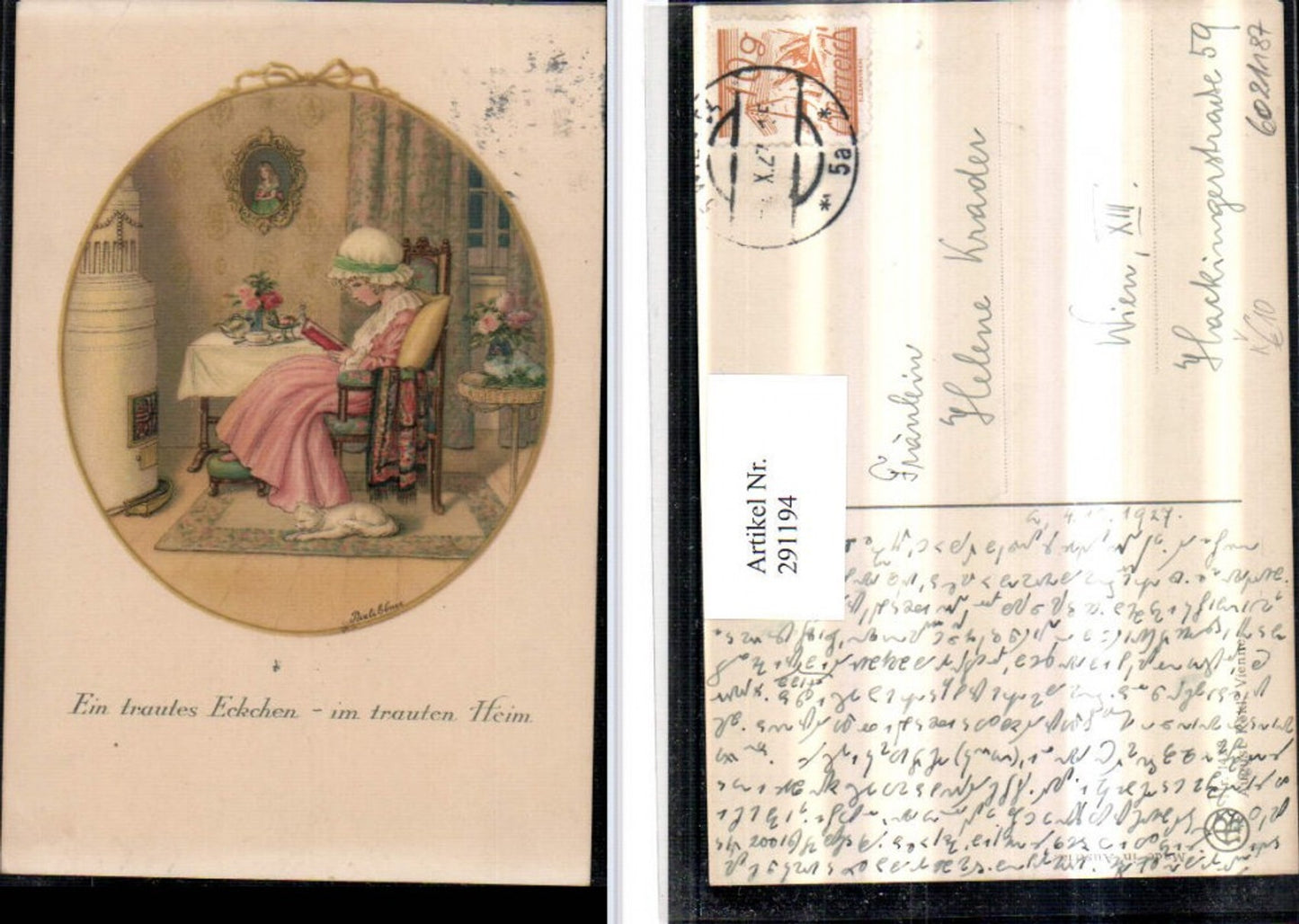 291194,Künstler AK Pauli Ebner Mädchen m. Kleid b. Lesen liest Katze pub August Rökl 1428
