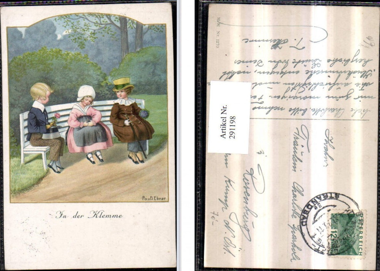 291198,Künstler AK Pauli Ebner In der Klemme Kinder Hut Rose pub M. Munk 1270
