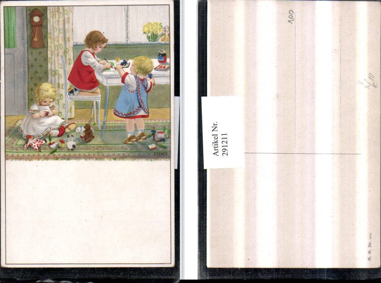 291211,Künstler AK Pauli Ebner Kinder b. Malen Tisch Spielzeug Puppe Pendeluhr pub M. Munk 878