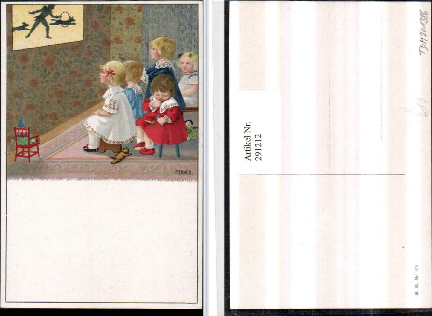 291212,Künstler AK Pauli Ebner Kinder sitzen vor Schattenspiel Theater Teddy pub M. Munk 878