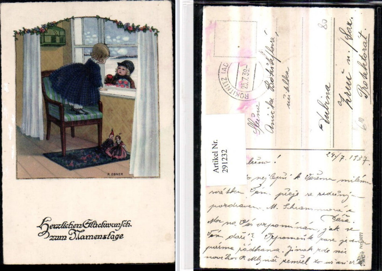 291232,Künstler AK Pauli Ebner Namenstag Mädchen Stuhl Fenster Junge Blumenstrauß Puppen