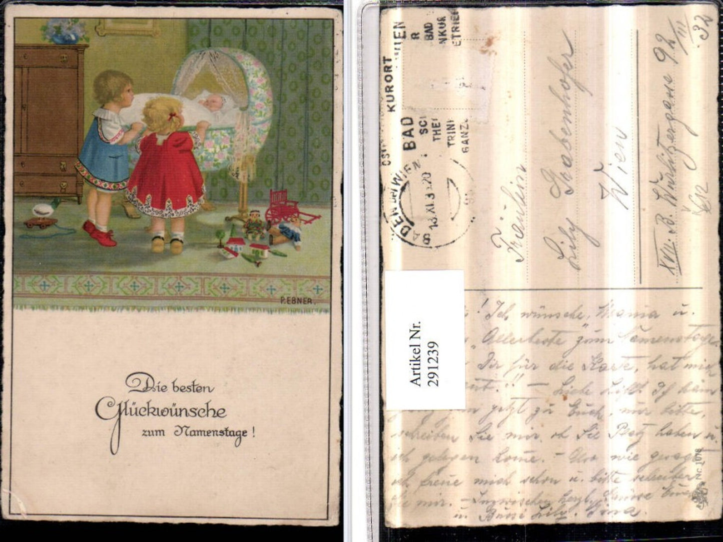 291239,Künstler AK Pauli Ebner Namenstag Kinder Wiege Baby Spielzeug pub Erika 1078