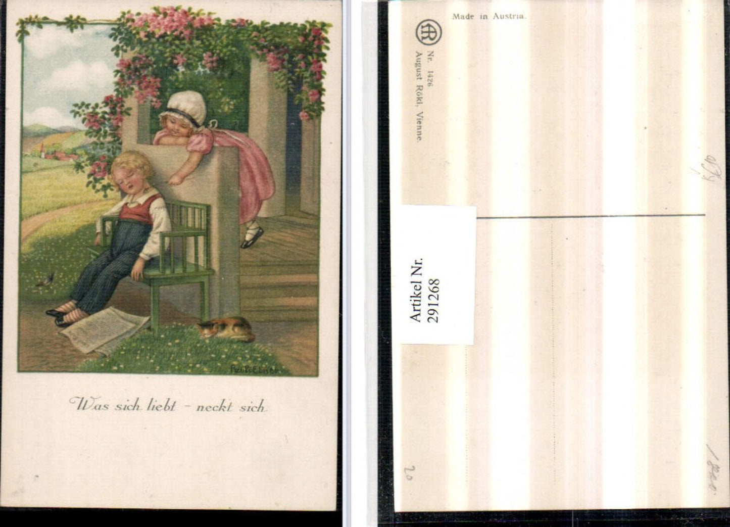 291268,Künstler AK Pauli Ebner Was sich liebt neckt sich Kinder Junge schläft Katze pub August Rökl 1426