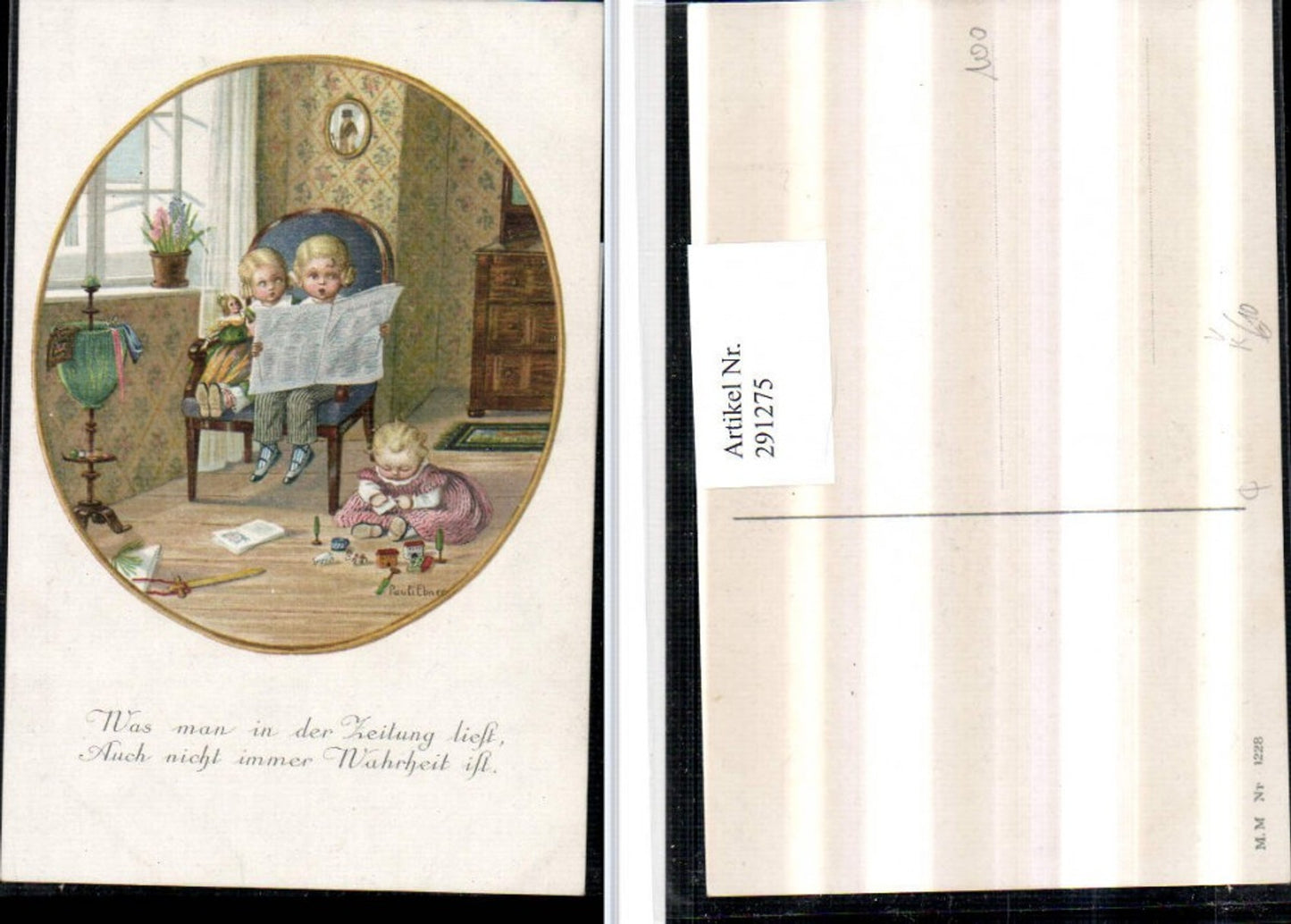 291275,Künstler AK Pauli Ebner Kinder b. Zeitung lesen liest Puppe Spielzeug Spruch pub M. Munk 1228