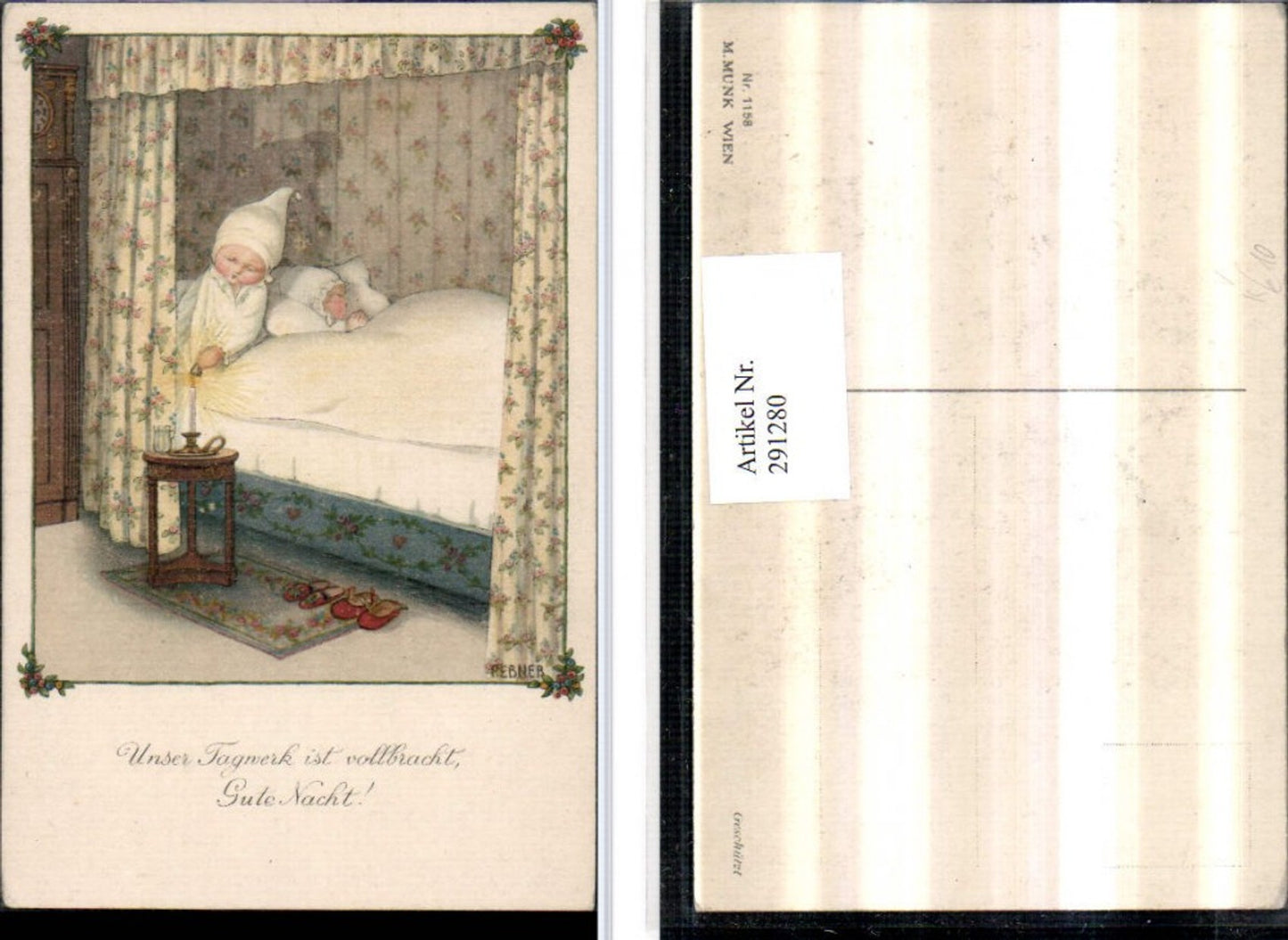 291280, Artist AK Pauli Ebner Good Night Children in Bed Nightcap Candle pub Munk Vienna 1158