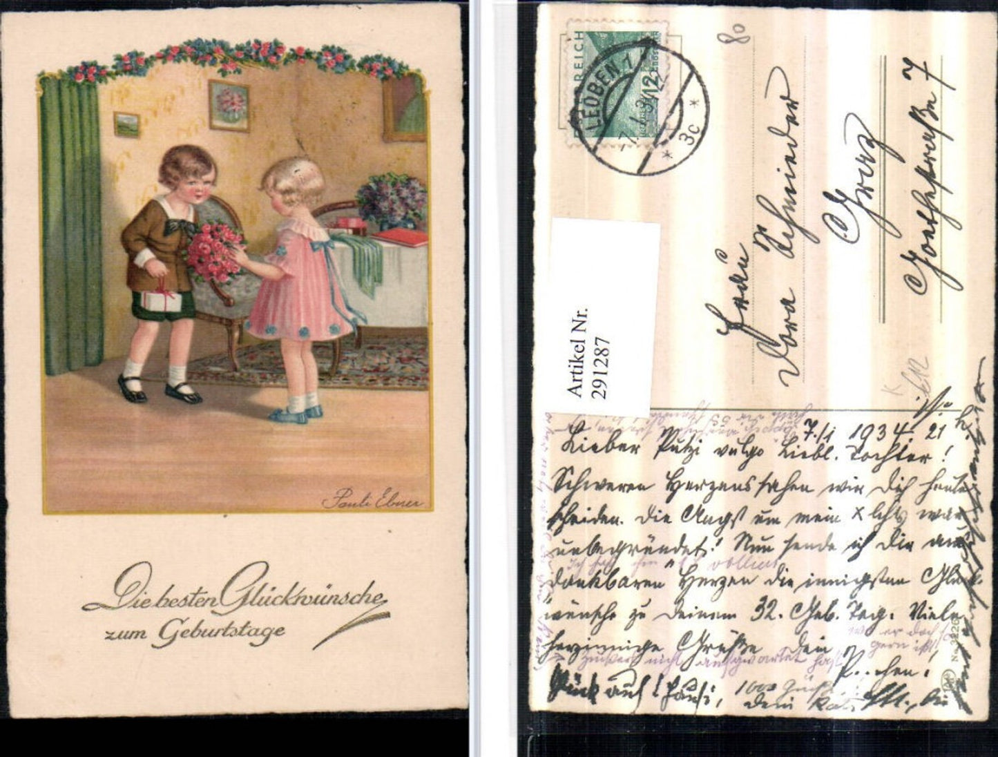 291287,Künstler AK Pauli Ebner Geburtstag Kinder Mädchen m. Kleid Rosenstrauß Geschenk