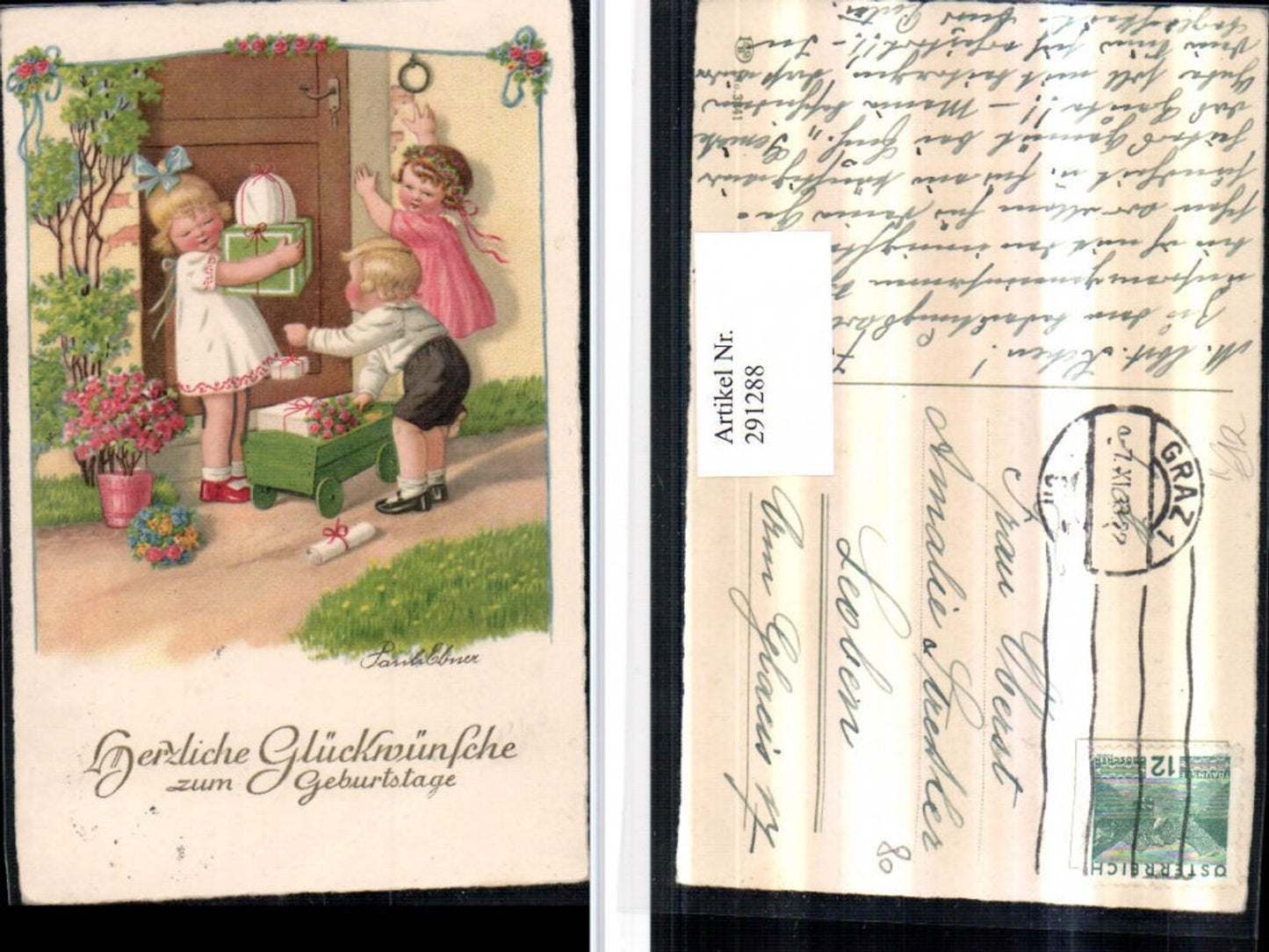 291288,Künstler AK Pauli Ebner Geburtstag Kinder Geschenke Leiterwagen Blumen Türklinge