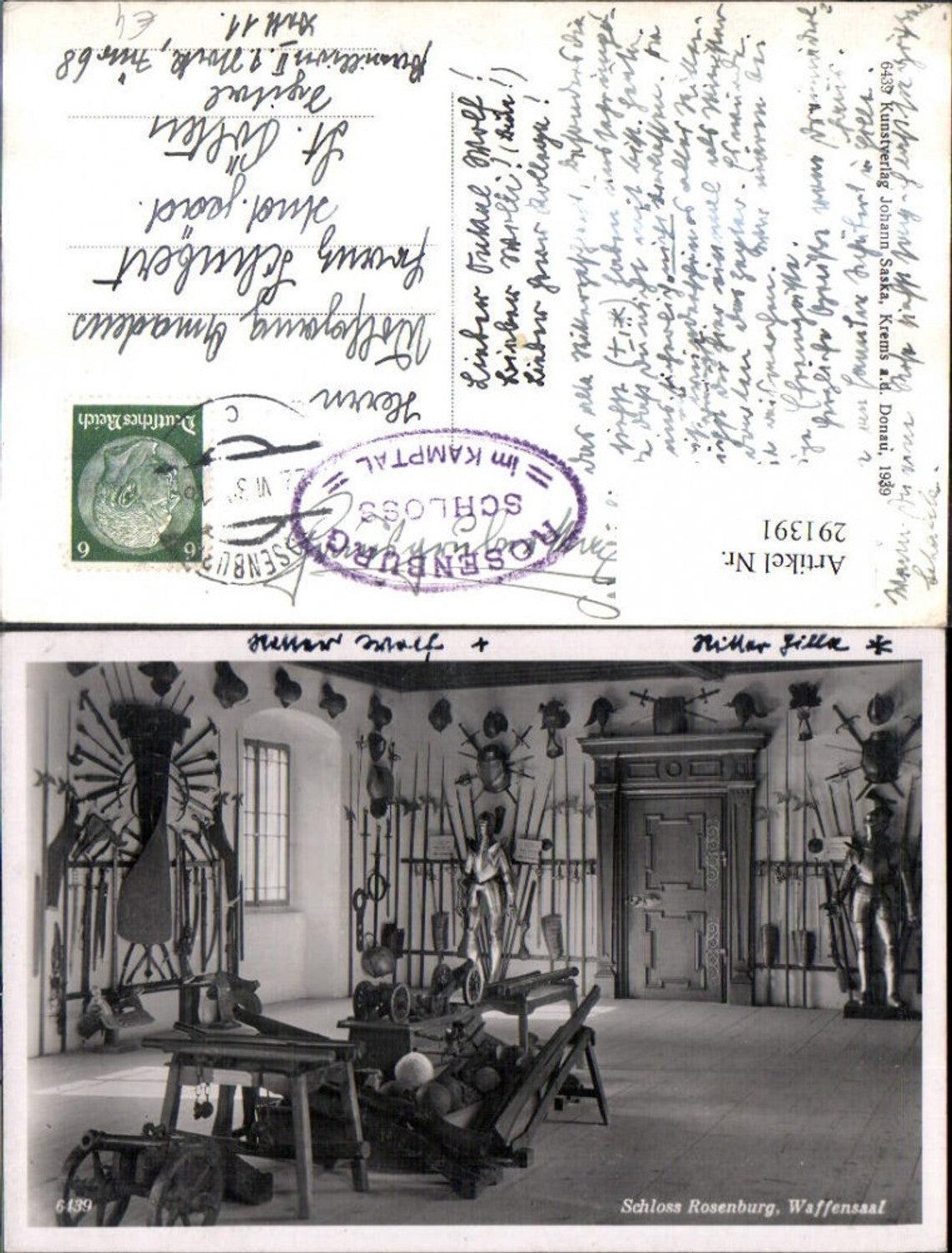 291391,Schloss Rosenburg Waffensaal Innenansicht Rüstung Speere