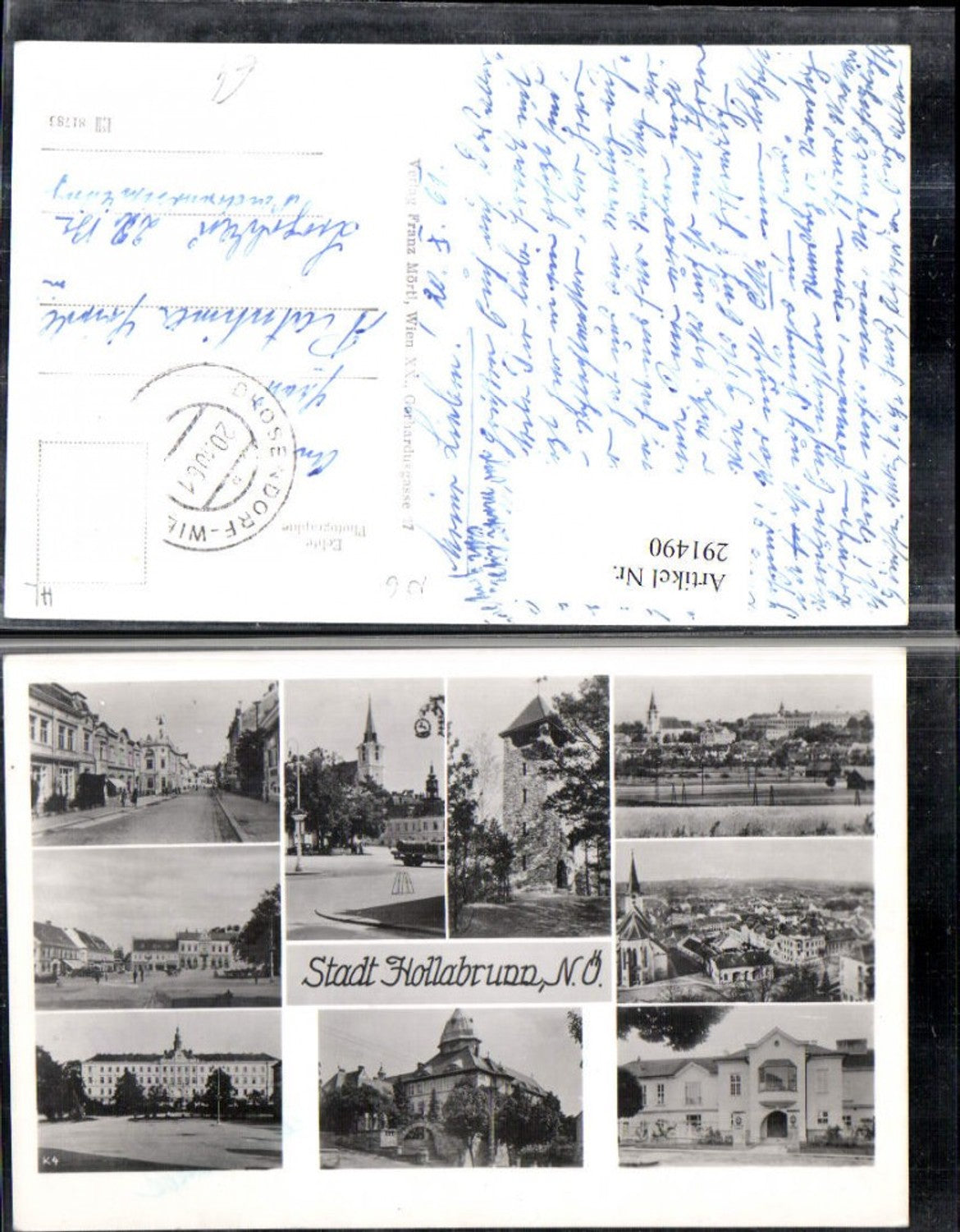 291490,Hollabrunn Totale Kirche Turm Straßenansicht Schloss Mehrbildkarte