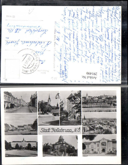 291490,Hollabrunn Totale Kirche Turm Straßenansicht Schloss Mehrbildkarte