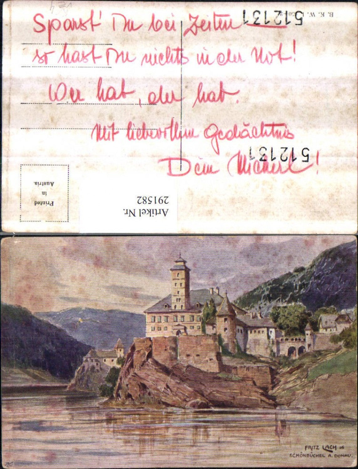 291582,Künstler AK Fritz Lach Schönbühel an d. Donau Schloss pub Brüder Kohn B.K.W.I. 650/2