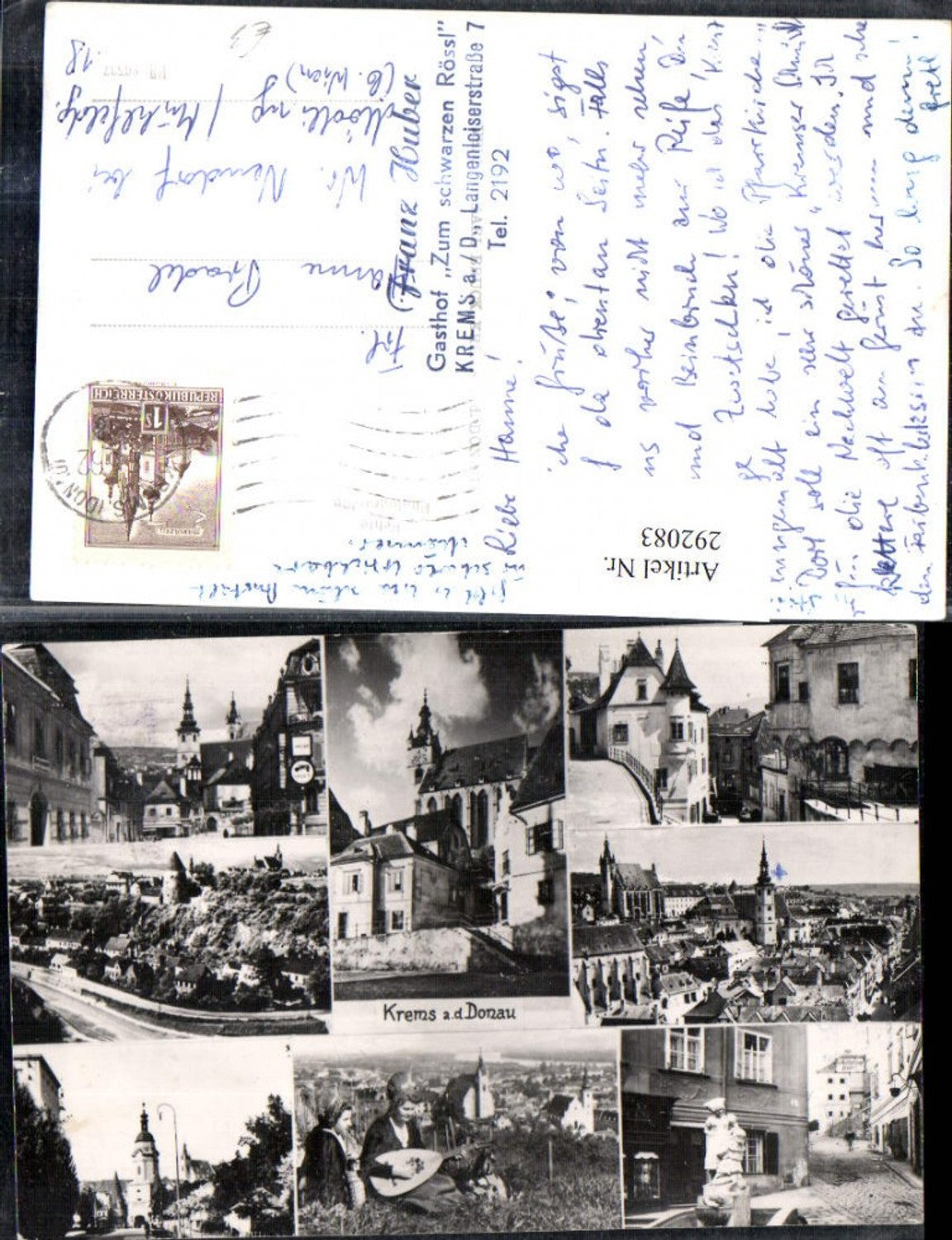 292083,Krems an d. Donau Totale Kirche Steiner-Tor Wegscheid Frauen in Tracht Mandoline Mehrbildkarte