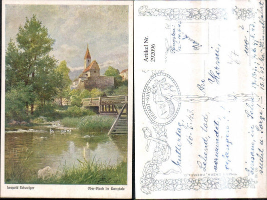 292096,Künstler AK Leopold Schweiger Oberplank im Kamptale Kirche Brücke