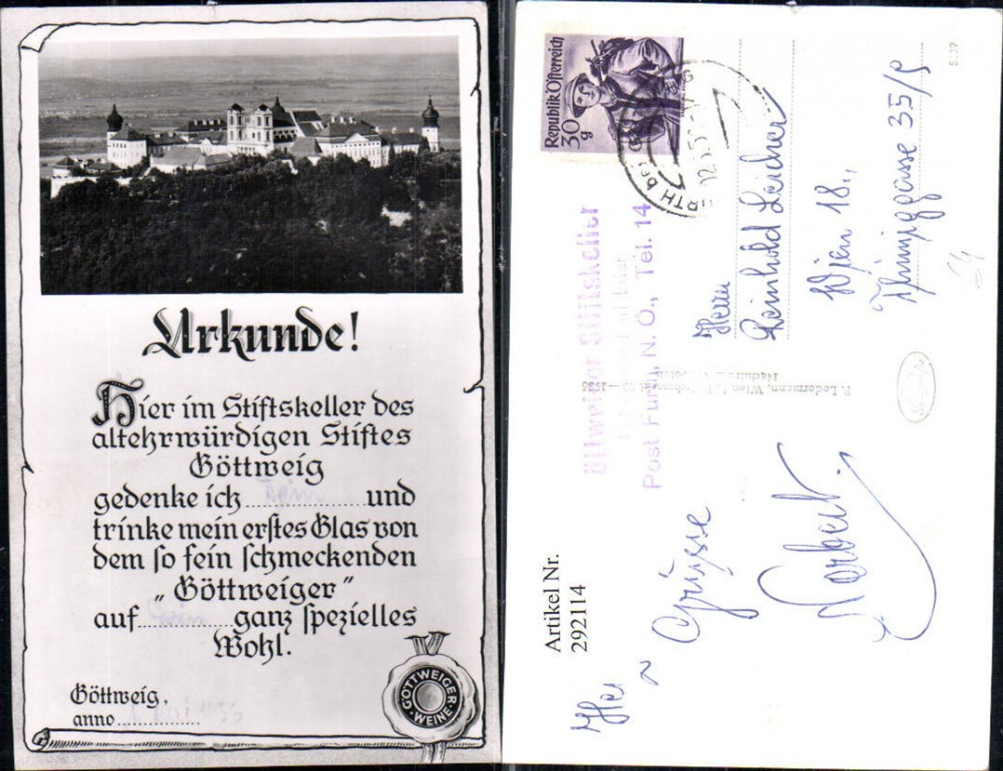 292114,Stift Göttweig Urkunde Stiftskeller