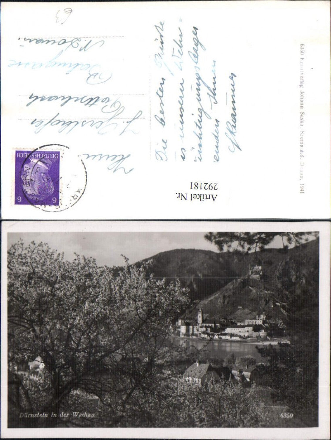 292181,Blick auf Dürnstein in d. Wachau Totale m. Ruine Baumblüte