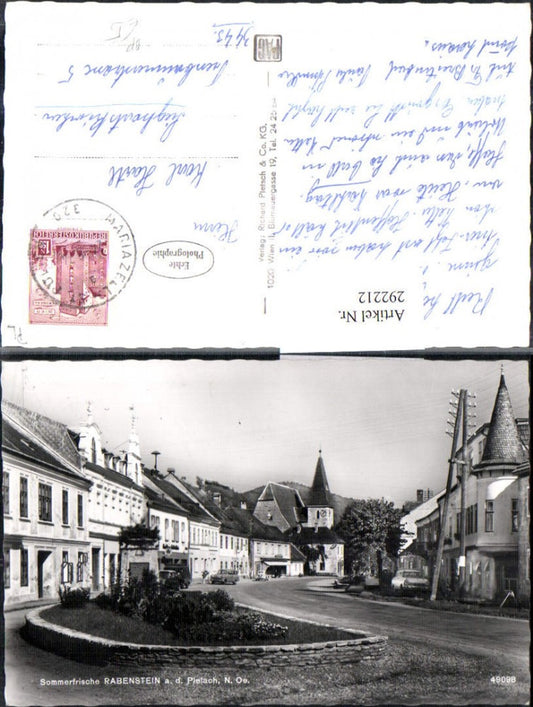 292212,Rabenstein an d. Pielach Straßenansicht Denkmal Kirche Bahnpost Zug 320