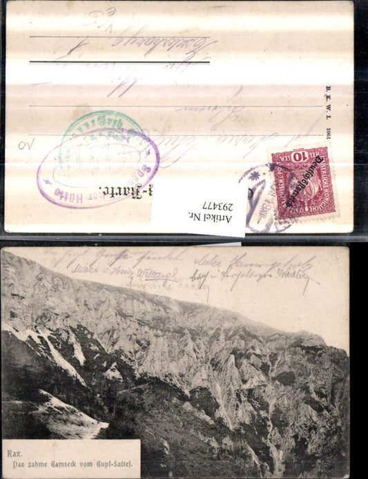 293477,Rax Zahmes Gamseck vom Gupf-Sattel Bergkulisse b. Naßwald pub Brüder Kohn B.K.W.I. 1061
