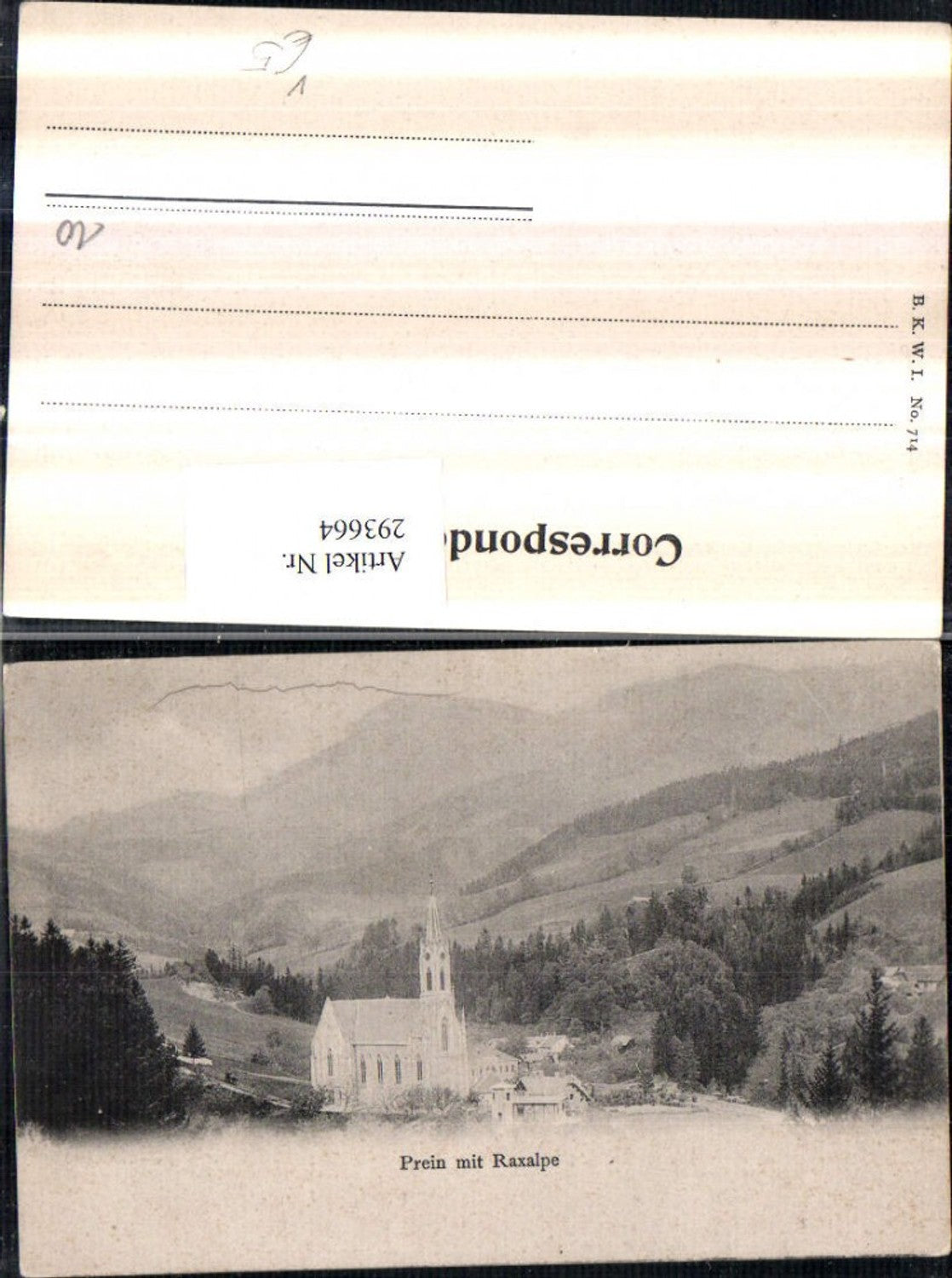 293664,Prein an d. Rax Kirche m. Raxalpe Bergkulisse pub Brüder Kohn B.K.W.I. 714