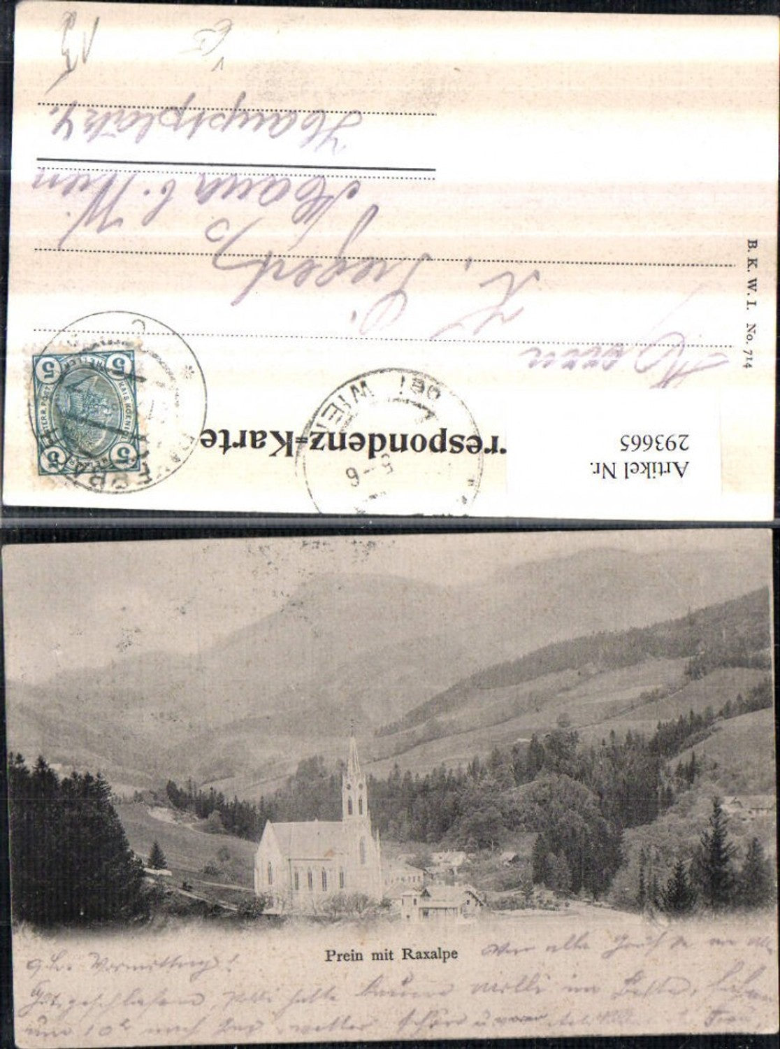 293665,Prein an d. Rax Kirche m. Raxalpe Bergkulisse pub Brüder Kohn B.K.W.I. 714