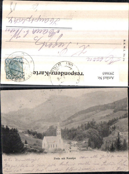 293665,Prein an d. Rax Kirche m. Raxalpe Bergkulisse pub Brüder Kohn B.K.W.I. 714