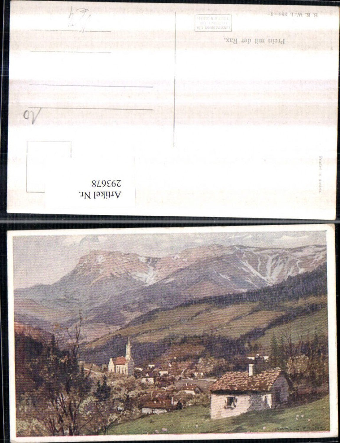 293678,Künstler AK Karl Ludwig Prinz Prein an d. Rax Teilansicht Bergkulisse pub Brüder Kohn 286/3