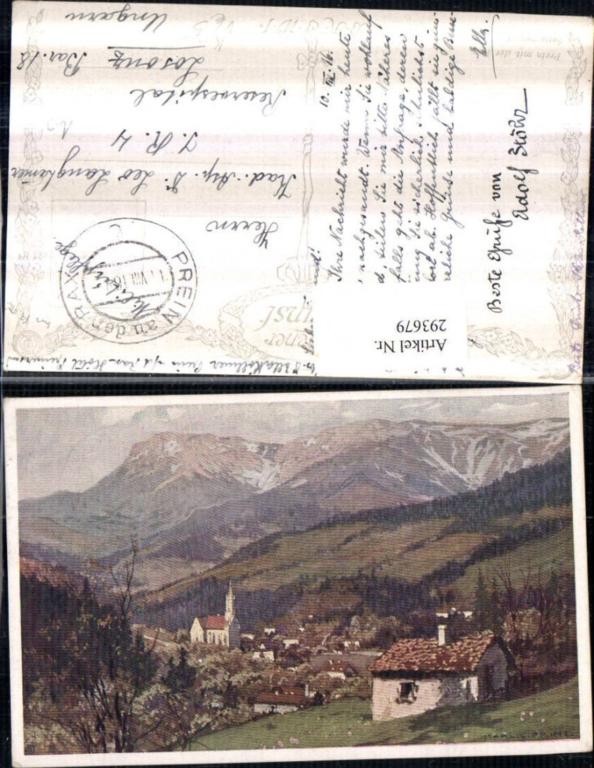 293679,Künstler AK Karl Ludwig Prinz Prein an d. Rax Teilansicht Bergkulisse pub Brüder Kohn 286/3