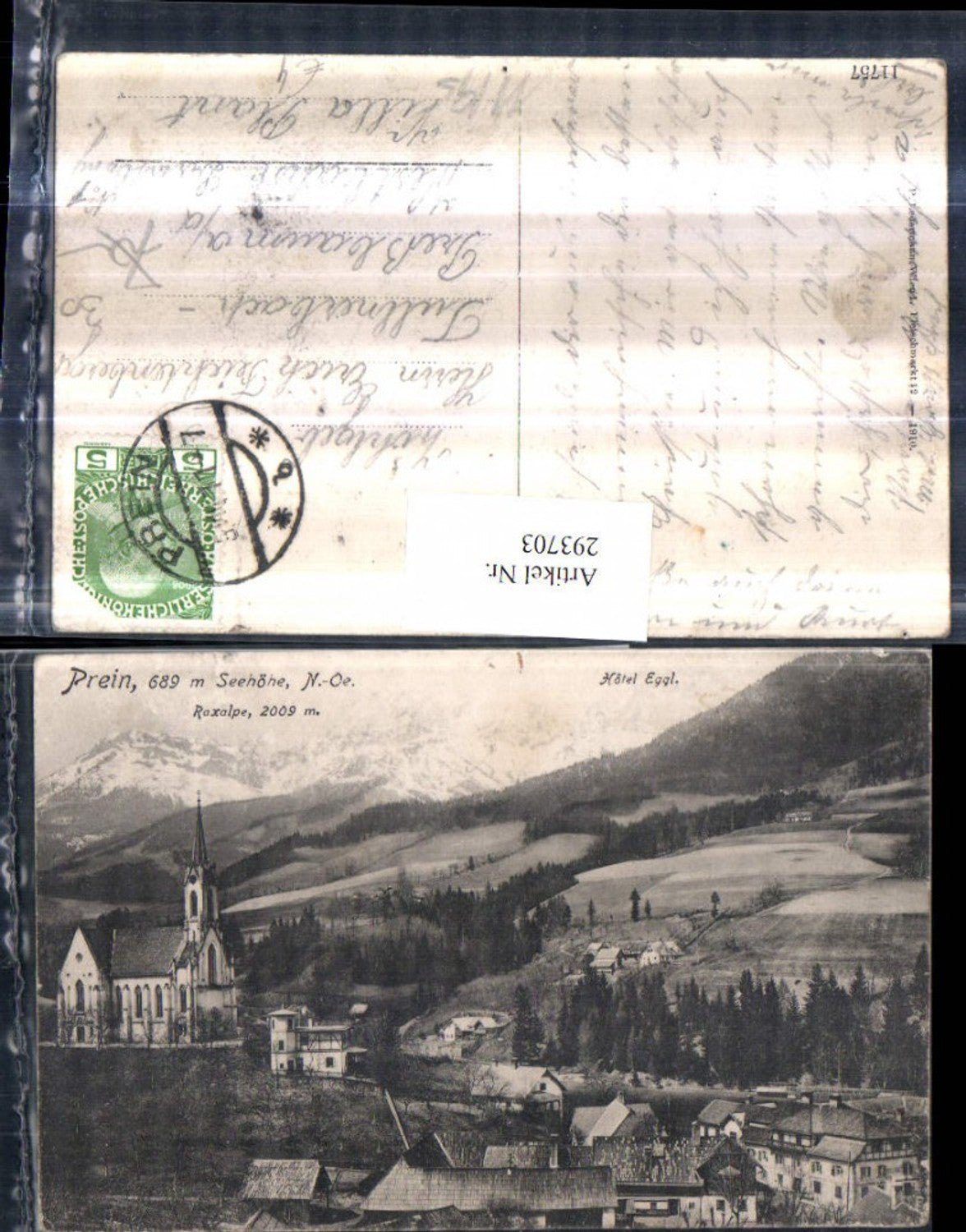 293703,Prein an d. Rax Teilansicht Kirche Hotel Eggl m. Raxalpe Bergkulisse