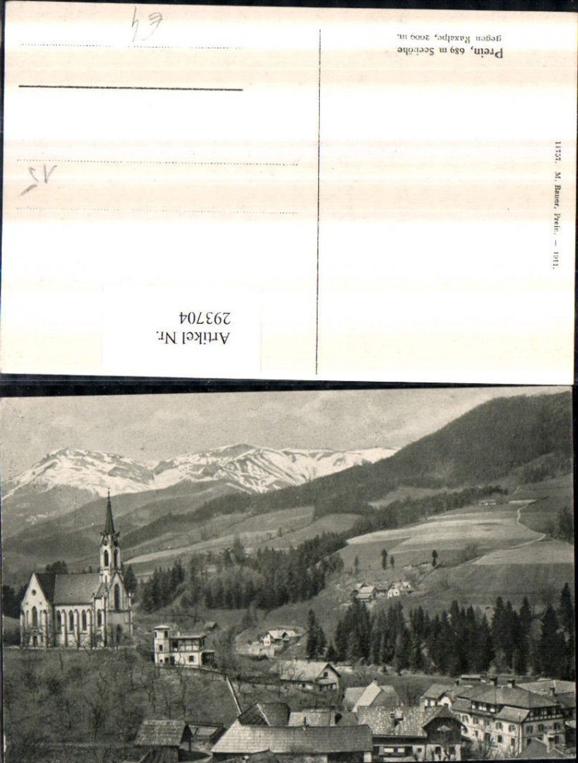 293704,Prein an d. Rax Teilansicht Kirche geg. Raxalpe Bergkulisse