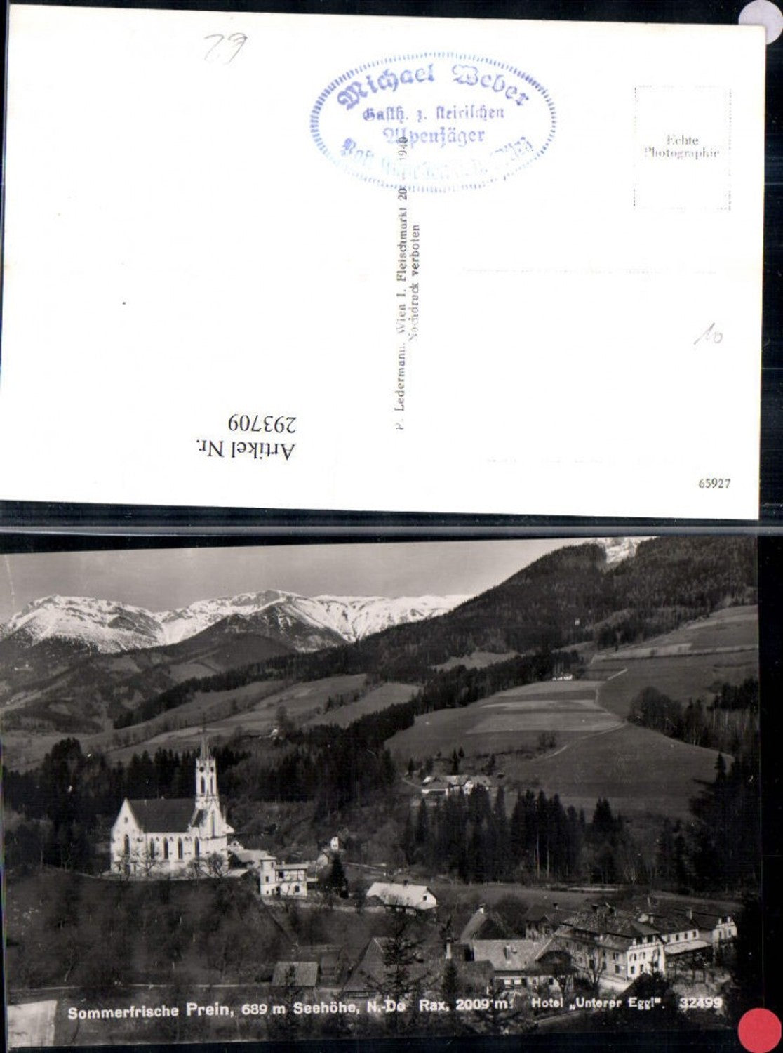 293709,Prein an d. Rax Teilansicht Kirche Hotel Unterer Eggl m. Rax Bergkulisse