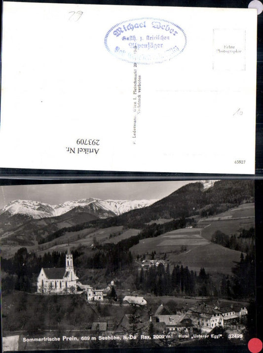 293709,Prein an d. Rax Teilansicht Kirche Hotel Unterer Eggl m. Rax Bergkulisse