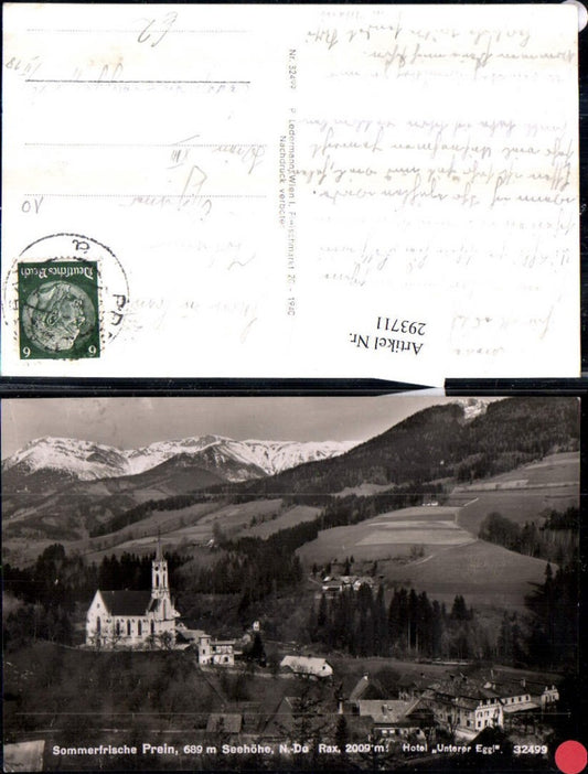 293711,Prein an d. Rax Kirche u. Hotel unterer Eggl m. Rax Bergkulisse
