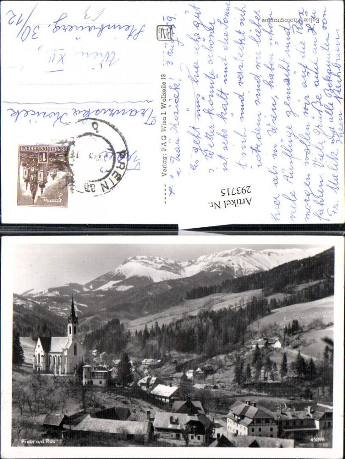 293715,Prein an d. Rax Teilansicht Kirche Bergkulisse