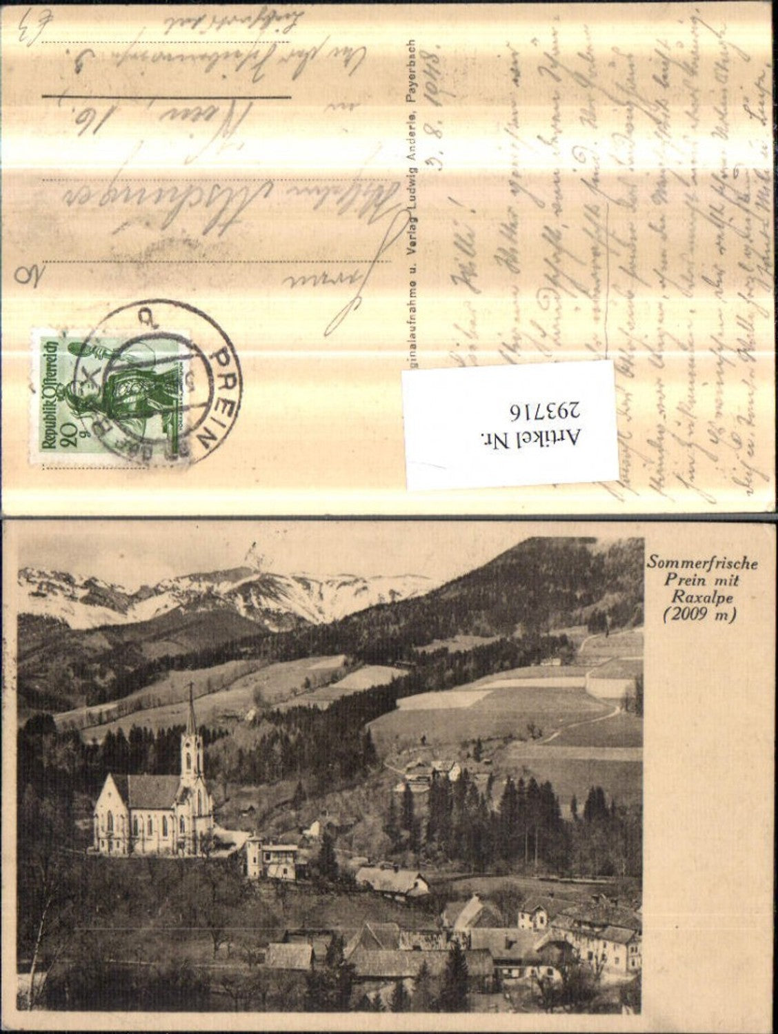 293716,Prein an d. Rax Teilansicht Kirche m. Raxalpe Bergkulisse