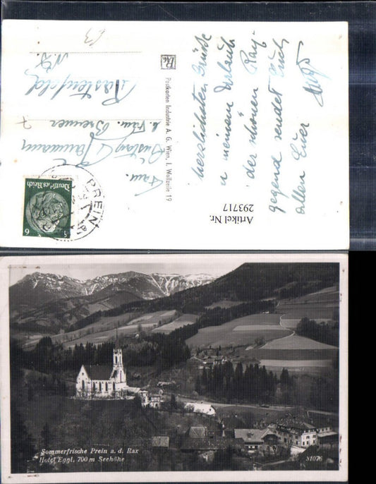 293717,Prein an d. Rax Teilansicht Kirche u. Hotel Eggl Bergkulisse
