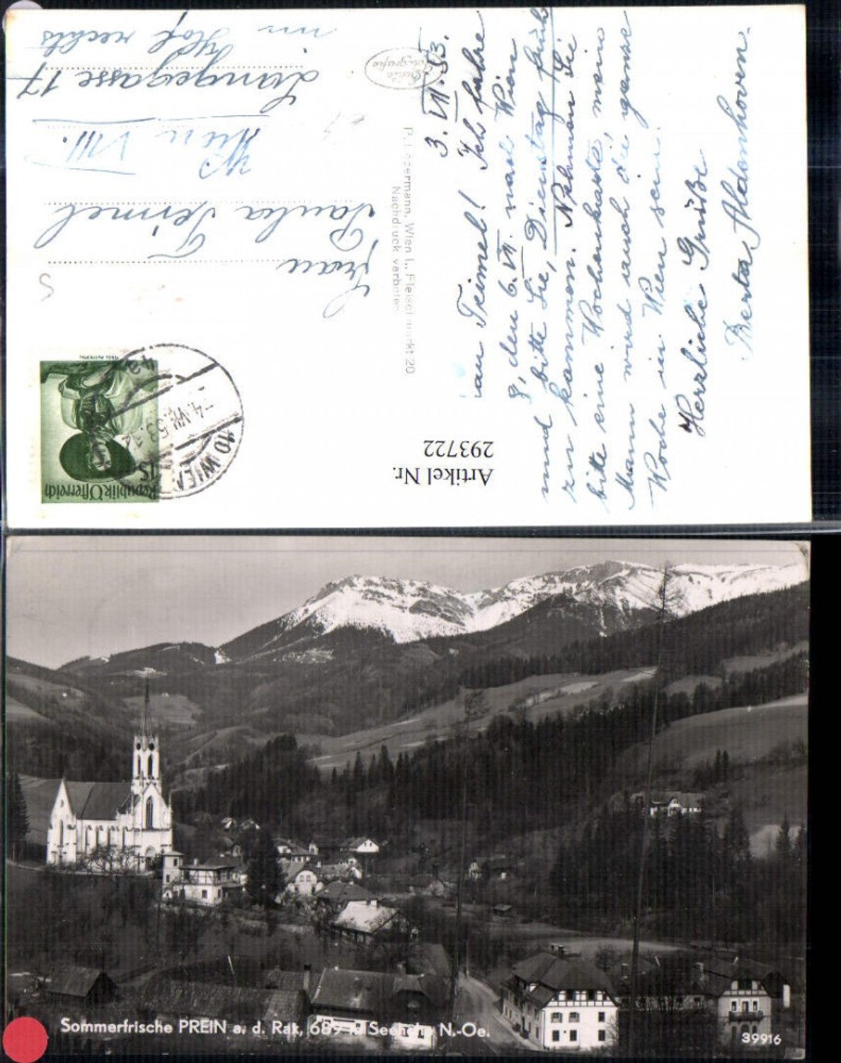 293722,Prein an d. Rax Teilansicht Kirche u. Hotel Eggl Bergkulisse