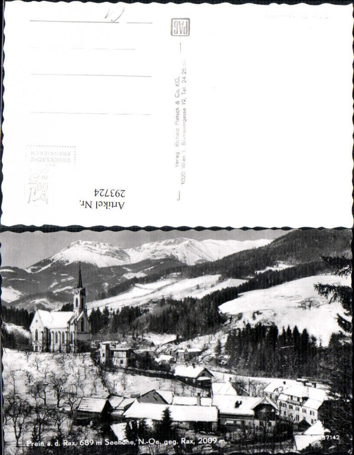 293724,Prein an d. Rax Teilansicht Kirche geg. Rax Bergkulisse Winterbild
