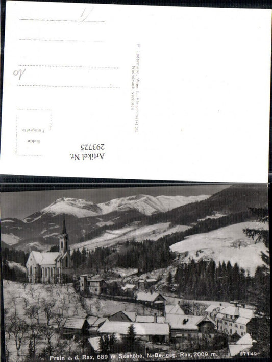 293725,Prein an d. Rax Teilansicht Kirche geg. Rax Bergkulisse Winterbild