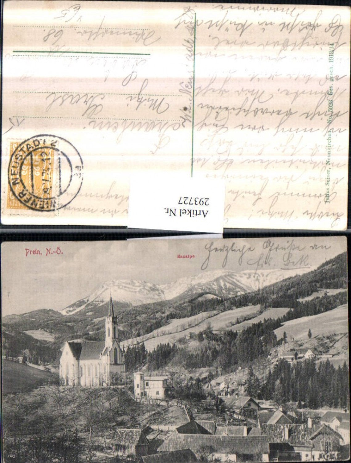 293727,Prein an d. Rax Teilansicht Kirche m. Raxalpe Bergkulisse pub Julius Seiser 5023