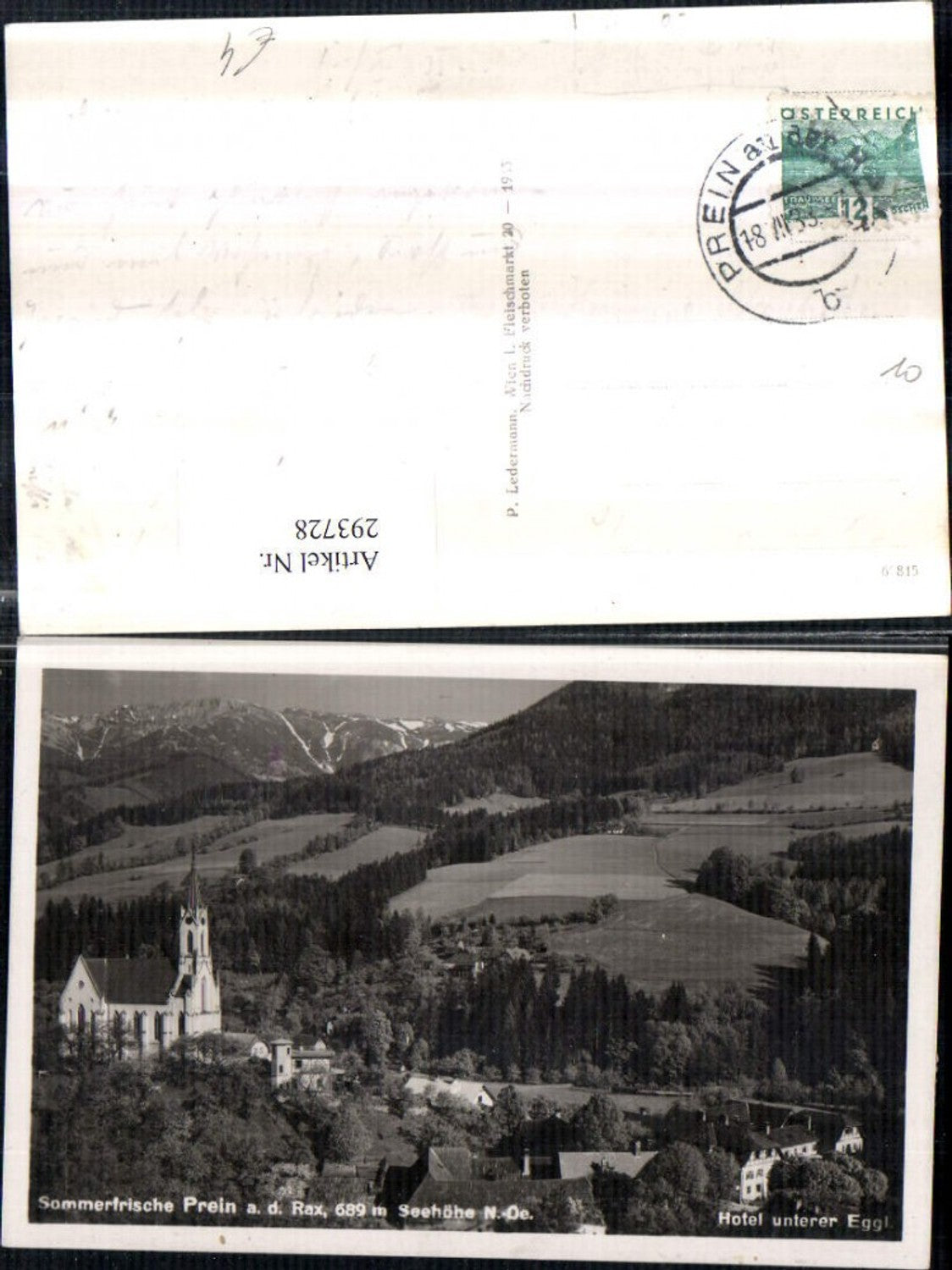 293728,Prein an d. Rax Kirche u. Hotel unterer Eggl Bergkulisse