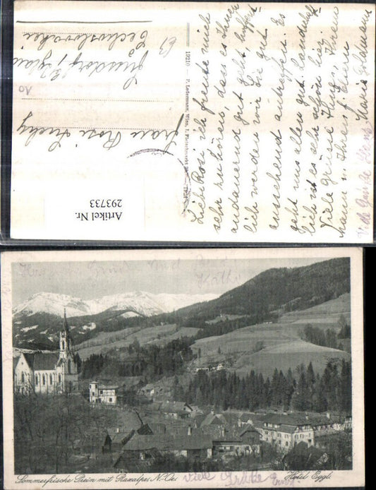 293733,Prein an d. Rax Teilansicht Kirche u. Hotel Eggl m. Raxalpe Bergkulisse