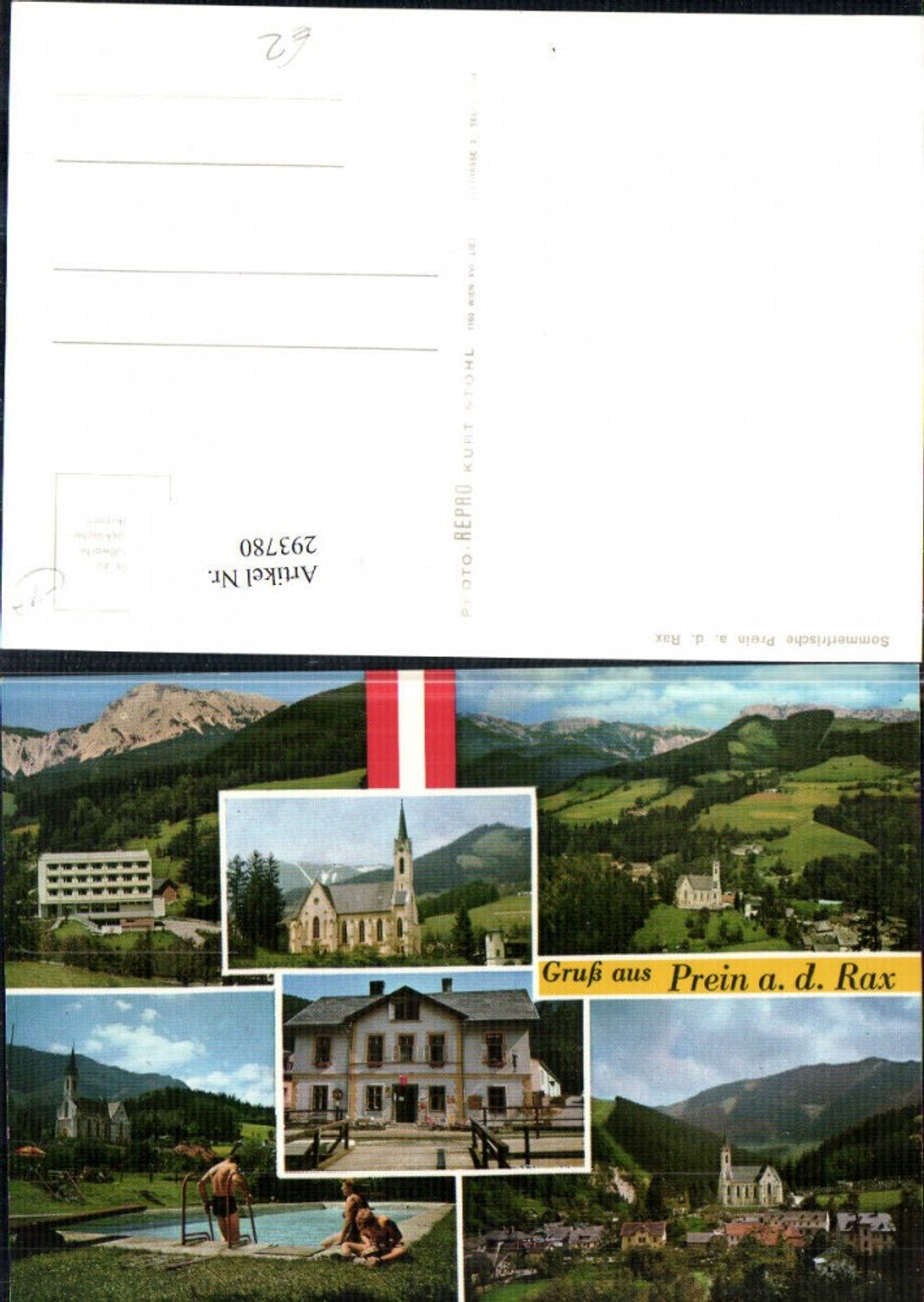 293780,Prein an d. Rax Totale Kirche Schwimmbad Gasthof Mehrbildkarte