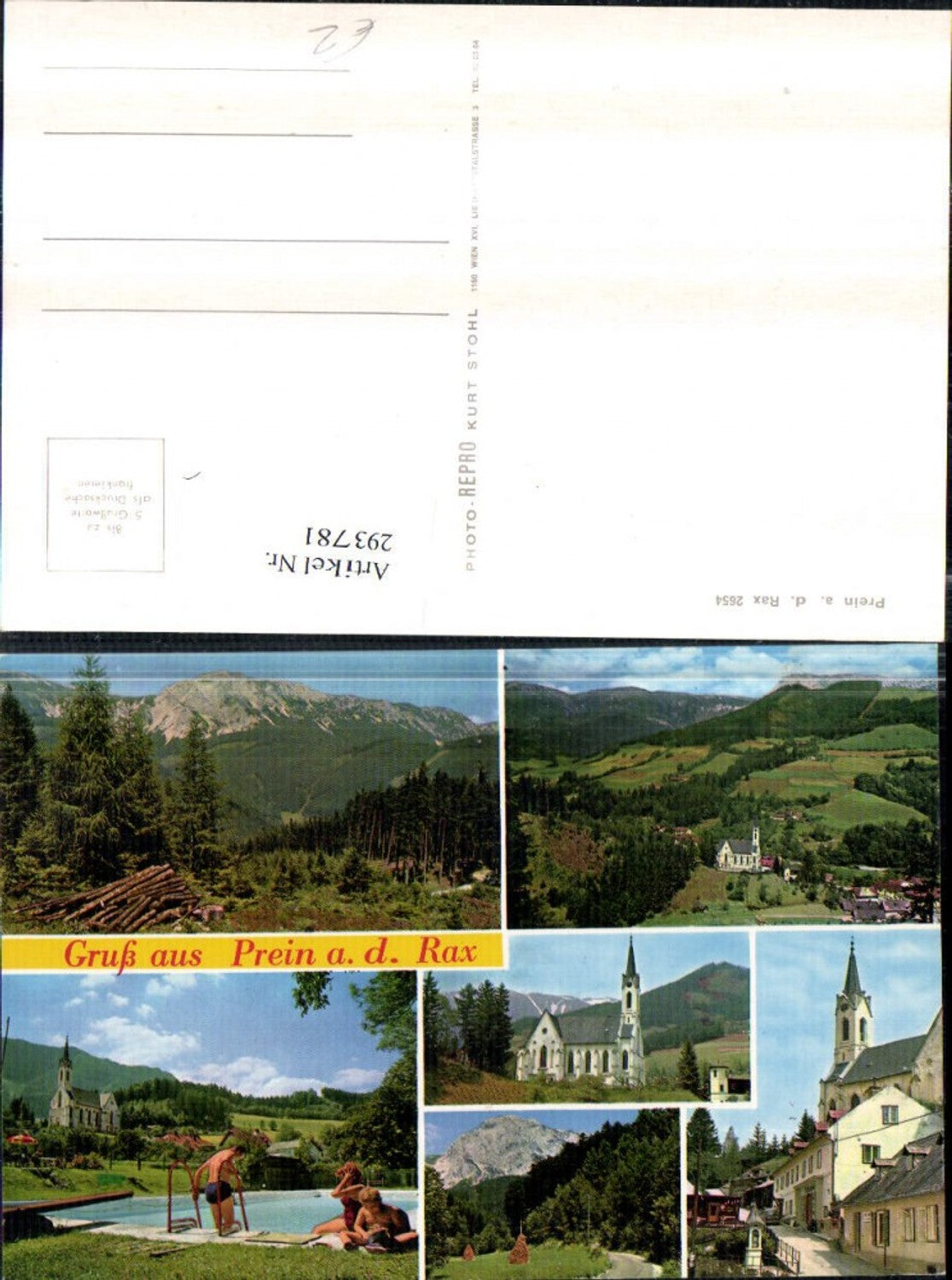 293781,Prein an d. Rax Totale Kirche Schwimmbad Bildstock Mehrbildkarte