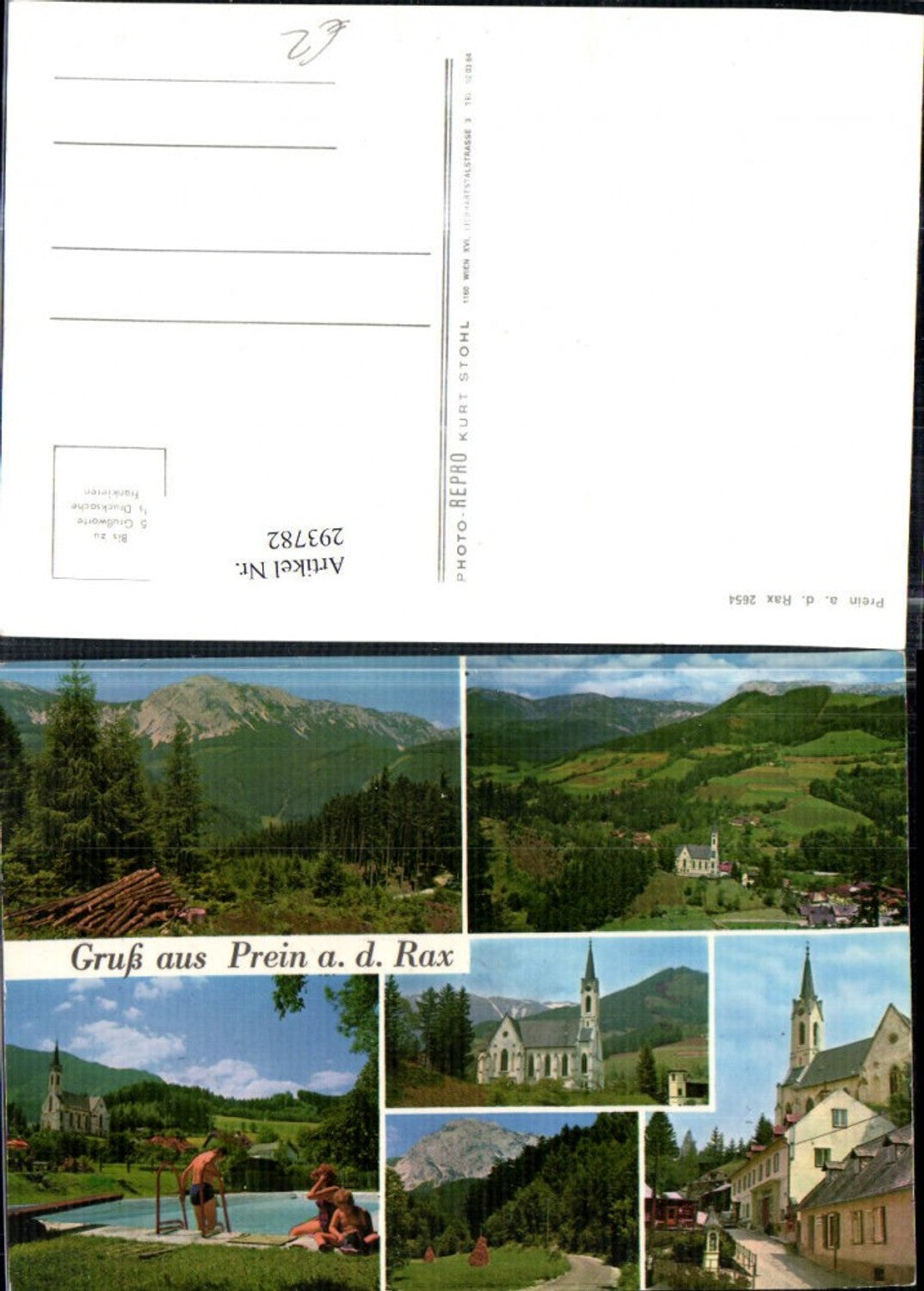 293782,Prein an d. Rax Totale Kirche Schwimmbad Bildstock Mehrbildkarte