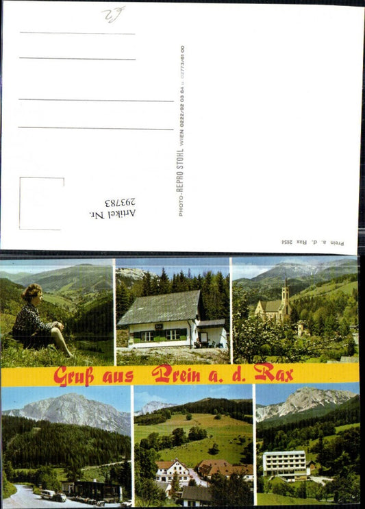 293783,Prein an d. Rax Kirche Berghütte Bergkulisse VW-Bus Mehrbildkarte