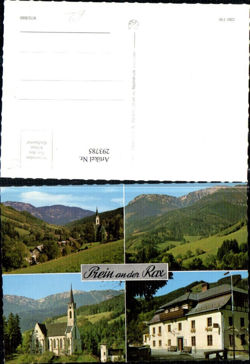 293785,Prein an d. Rax Kirche Gasthof Eggl Bergkulisse Mehrbildkarte