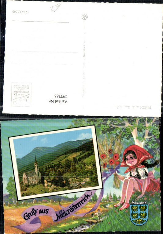 293788,Künstler AK Rupa Prein an d. Rax Kirche Bergkulisse Passepartout Frau Tracht Landschaft