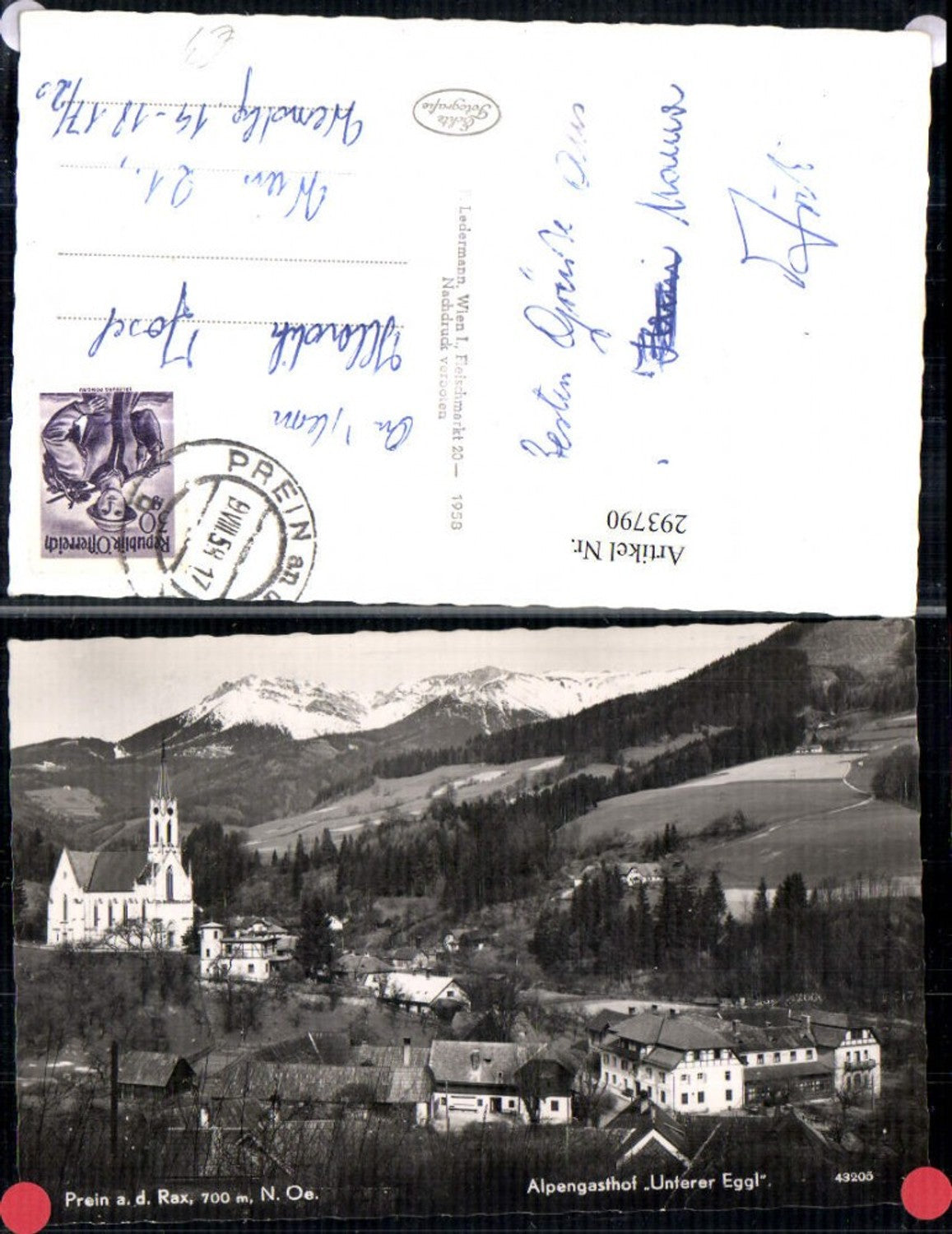 293790,Prein an d. Rax Teilansicht Kirche u. Alpengasthof Unterer Eggl Bergkulisse