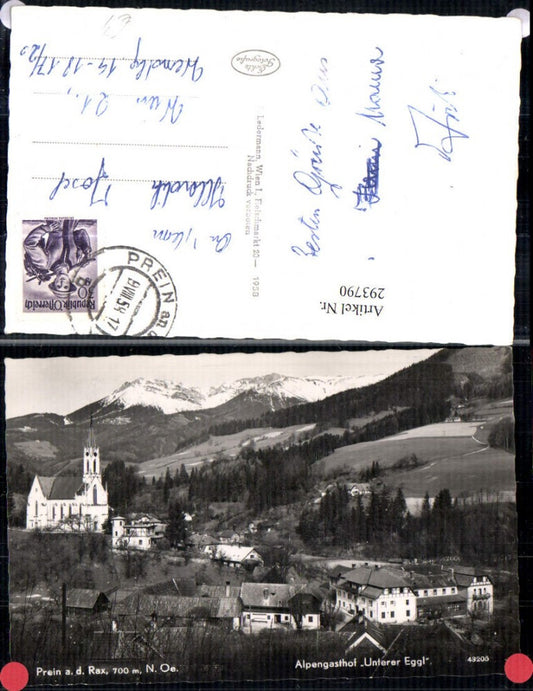 293790,Prein an d. Rax Teilansicht Kirche u. Alpengasthof Unterer Eggl Bergkulisse
