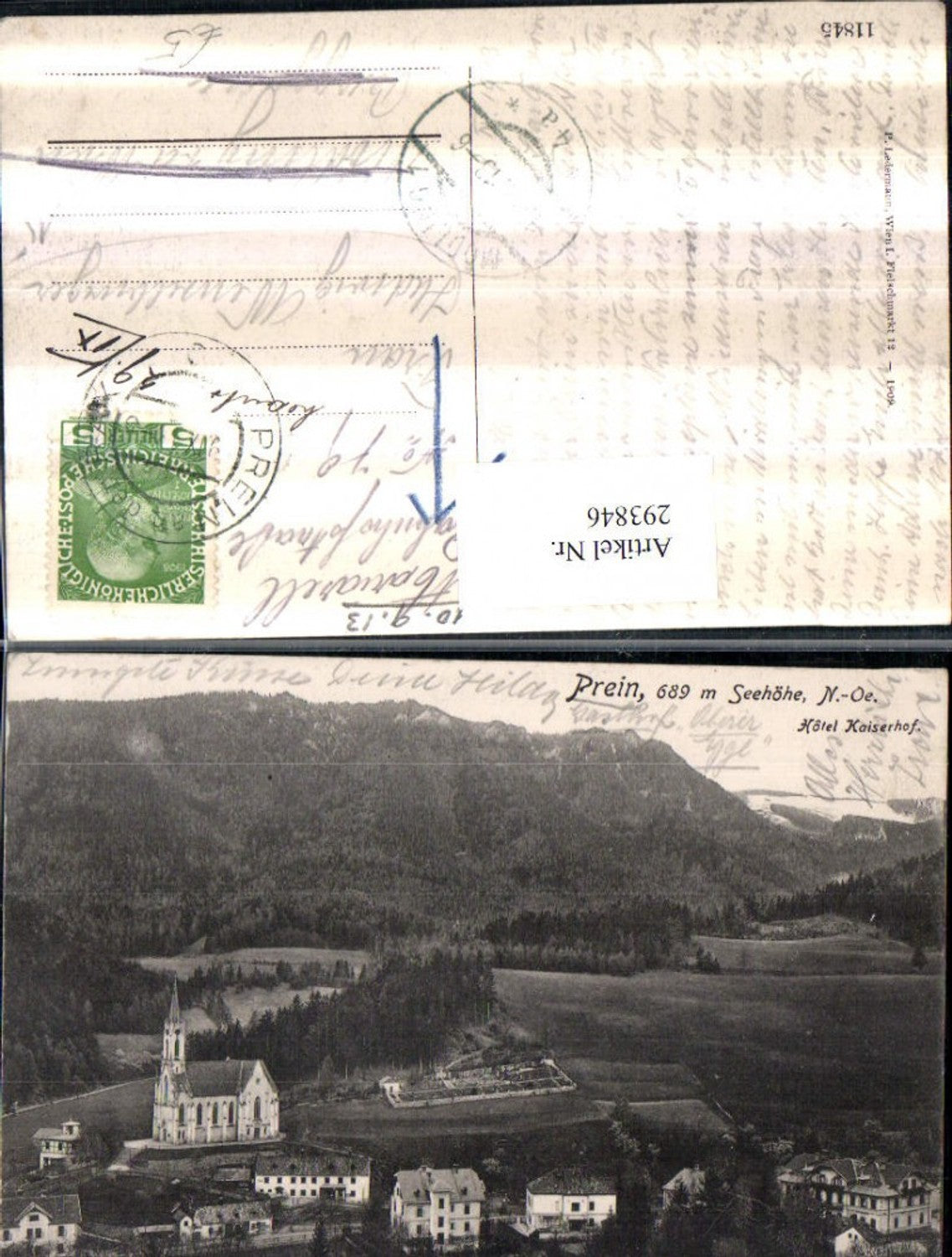 293846,Prein an d. Rax Teilansicht Kirche u. Hotel Kaiserhof Bergkulisse