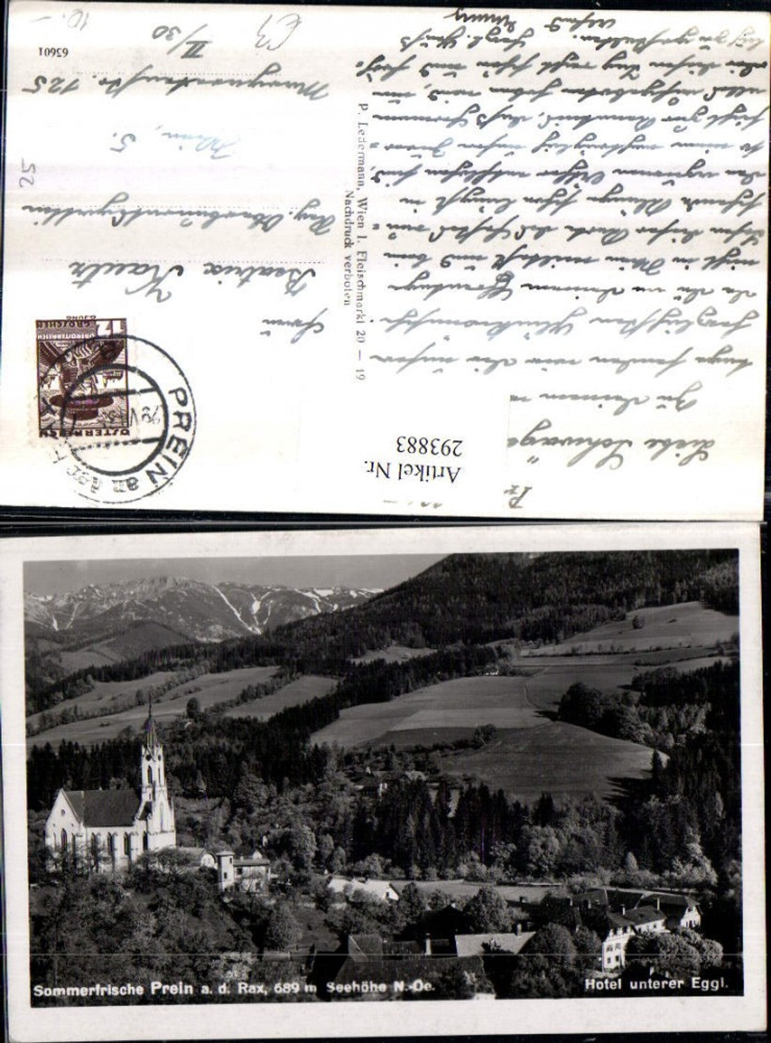 293883,Prein an d. Rax Teilansicht Kirche u. Hotel unterer Eggl Bergkulisse